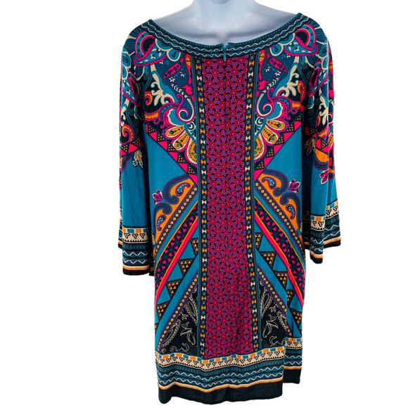 DeJaVu Teal Pink Ethnic Lightweight Colorful Festival Boho Summer Shift Dress L - Picture 3 of 13